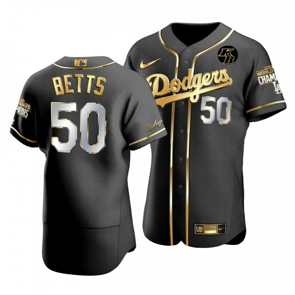 Men's Los Angeles Dodgers #50 Mookie Betts Black Golden MLB 2020 World Series Champions Sttiched Jersey